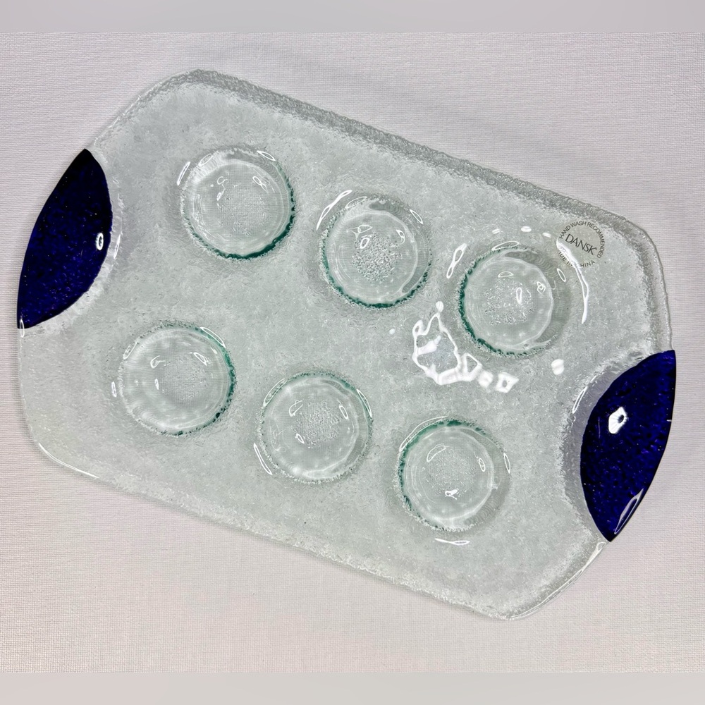 Dansk Spectra Clear Textured Glass Escargot Deviled Egg Tray Blue Purple Handle